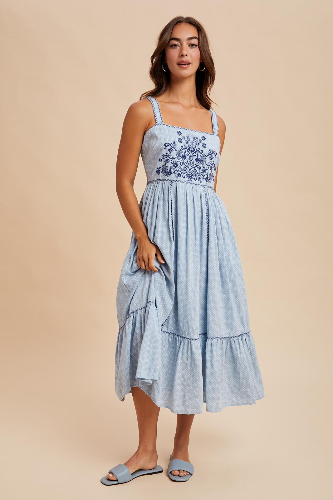 Light Blue Cross Stitch Embroidered Maxi Dress