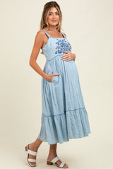 Light Blue Cross Stitch Embroidered Maternity Maxi Dress