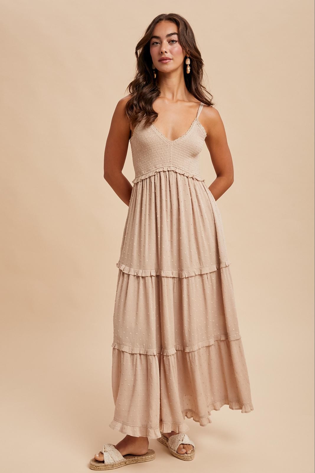 Beige Swiss Dot Smocked Sleeveless Maxi Dress PinkBlush Beige Swiss Dot Smocked Sleeveless Maxi Dress PinkBlush