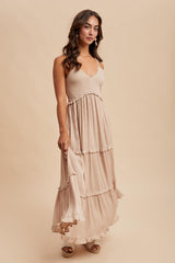 Beige Swiss Dot Smocked Sleeveless Maxi Dress