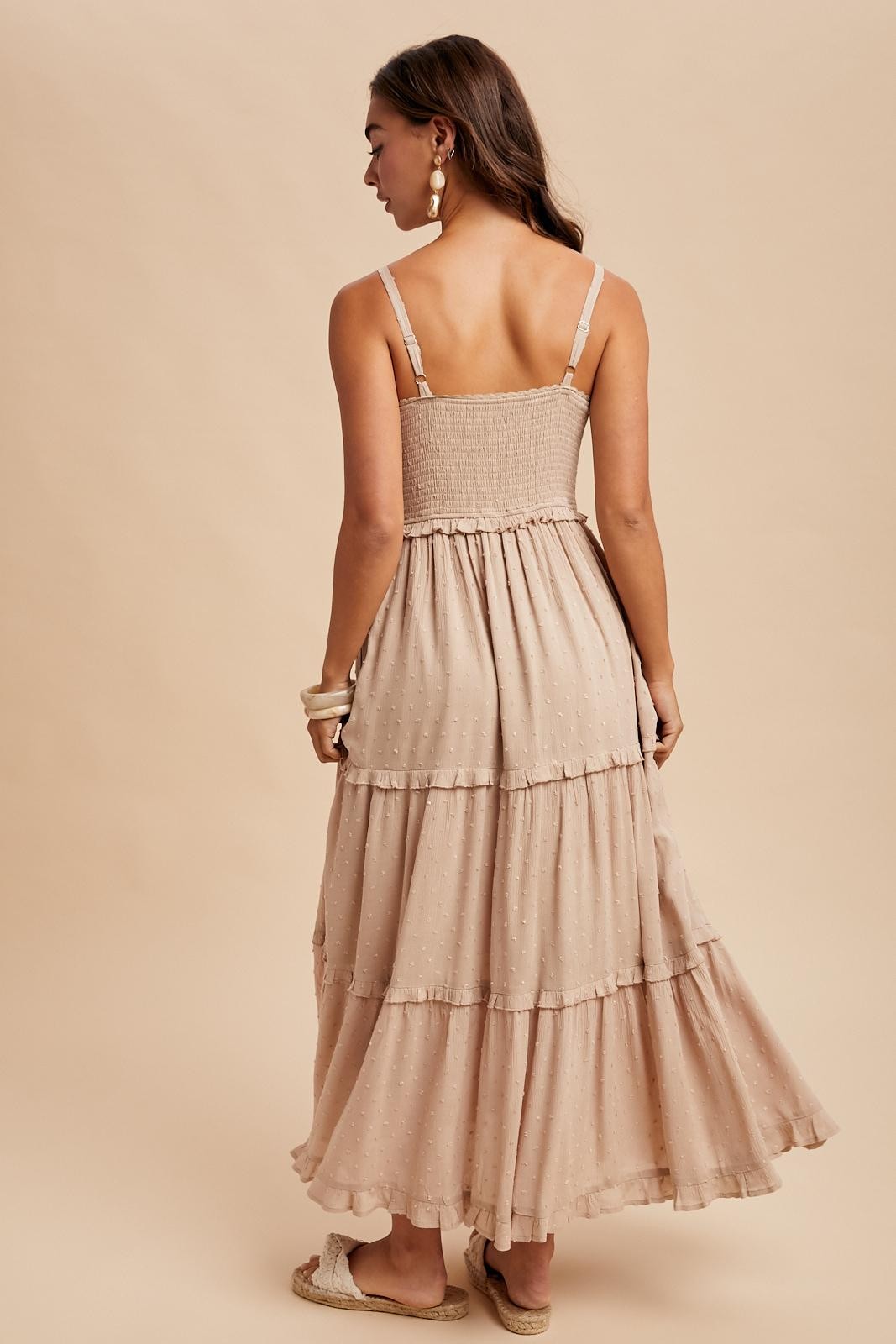 Beige Swiss Dot Smocked Sleeveless Maxi Dress