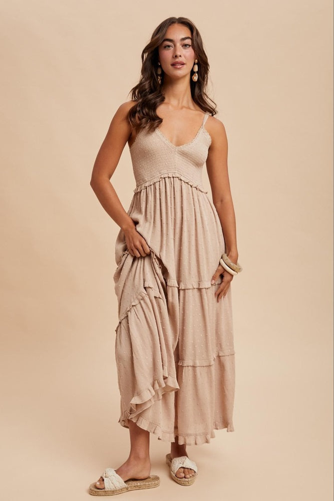 Beige Swiss Dot Smocked Sleeveless Maternity Maxi Dress