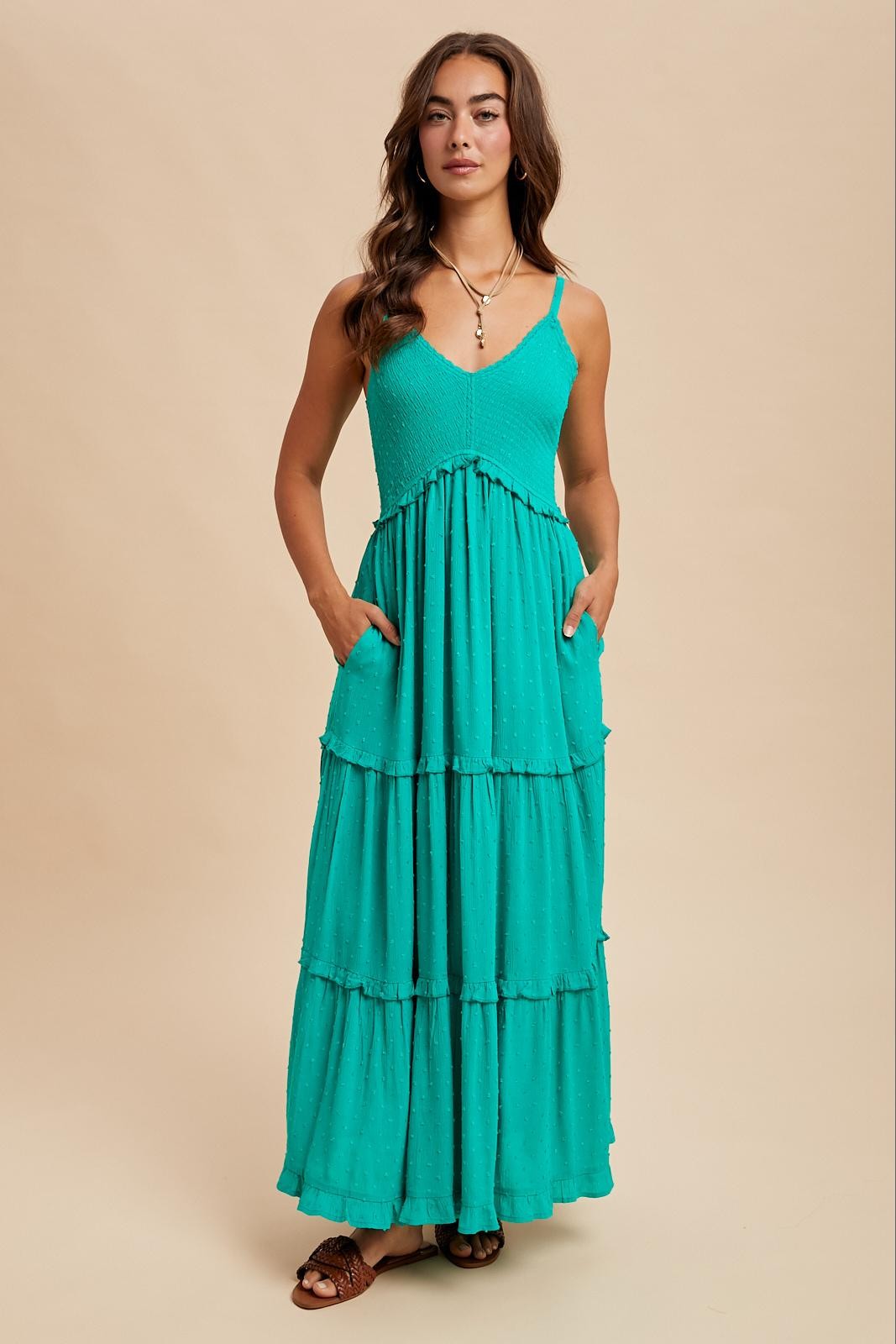 Emerald Swiss Dot Smocked Sleeveless Maxi Dress