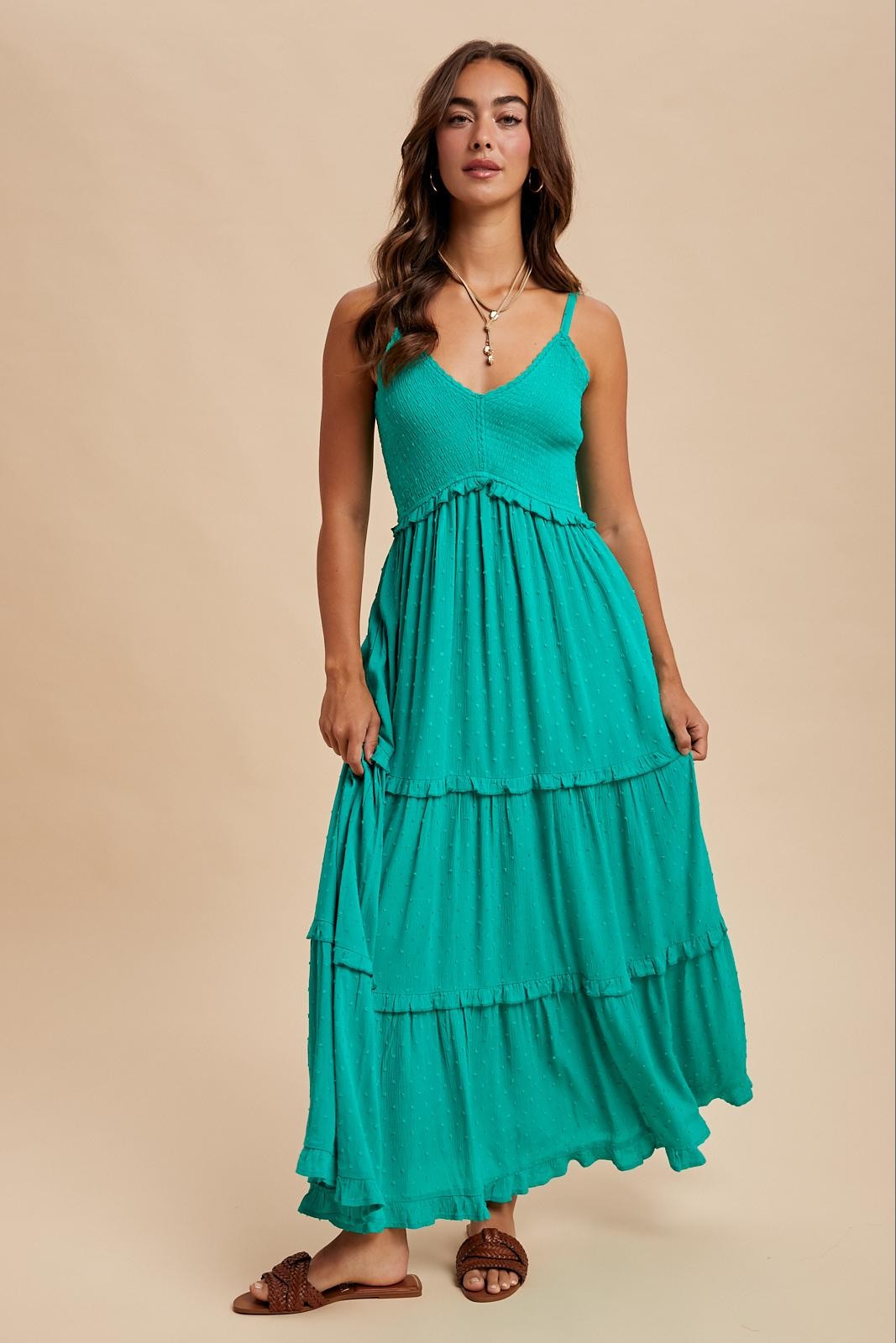 Emerald Swiss Dot Smocked Sleeveless Maxi Dress