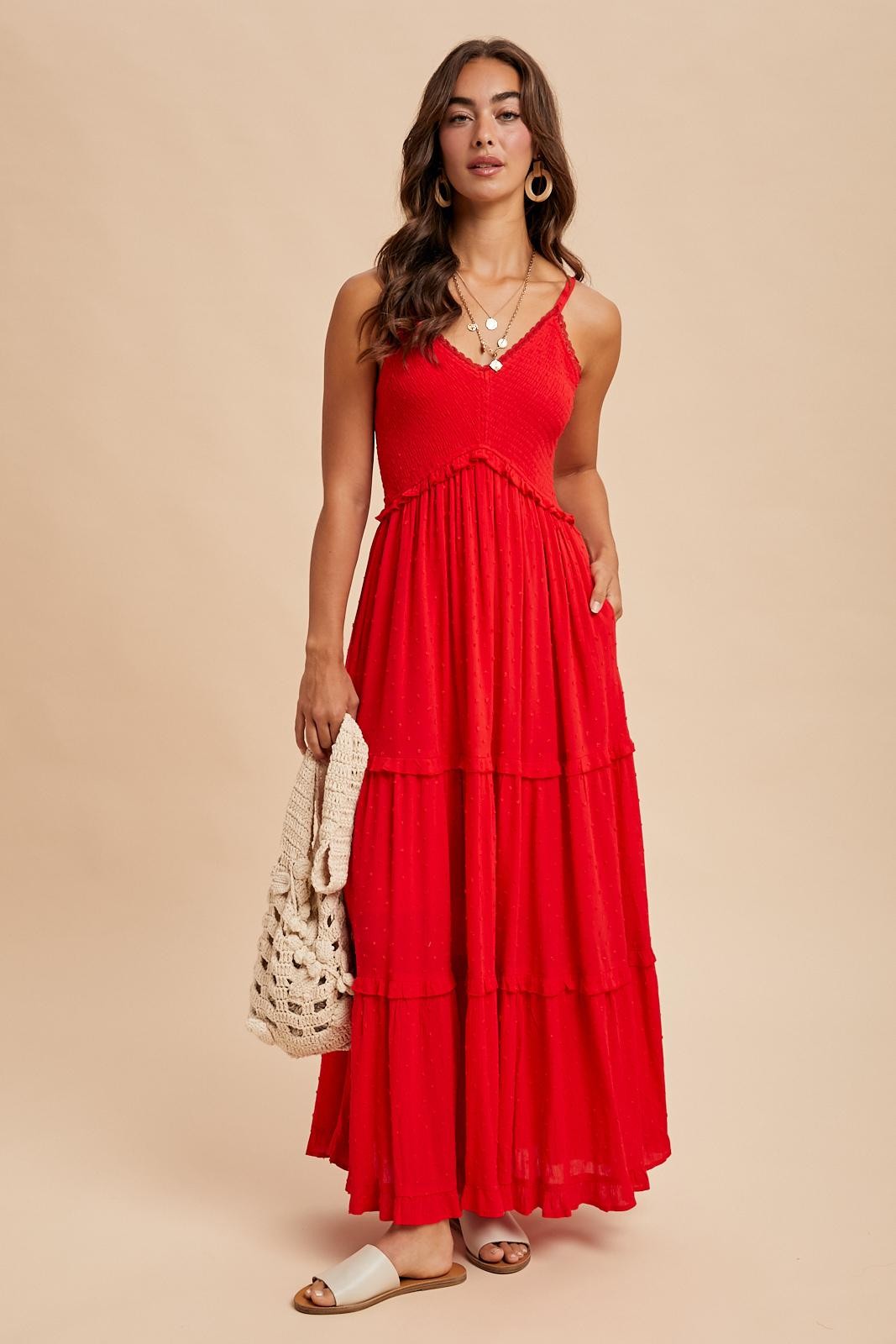 Red Swiss Dot Smocked Sleeveless Maternity Maxi Dress