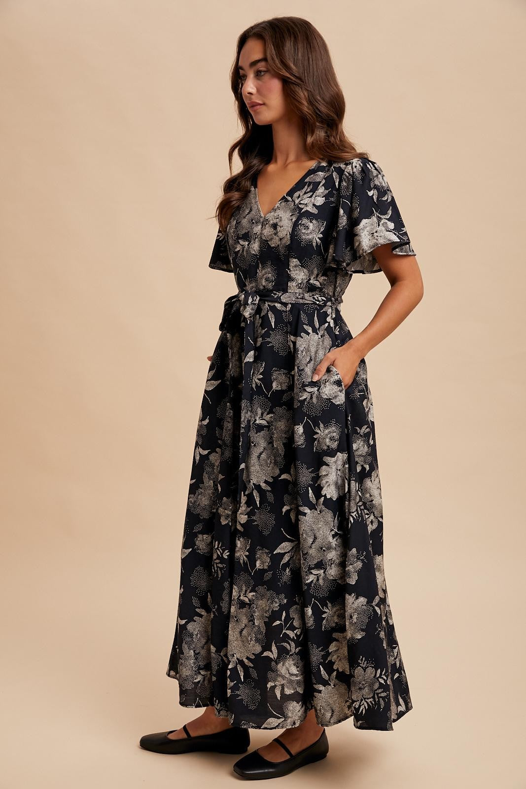 Black Multi Floral Flutter Sleeve Maxi Dress