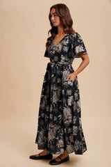 Black Multi Floral Flutter Sleeve Maxi Dress