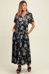 Black Multi Floral Flutter Sleeve Maternity Maxi Dress