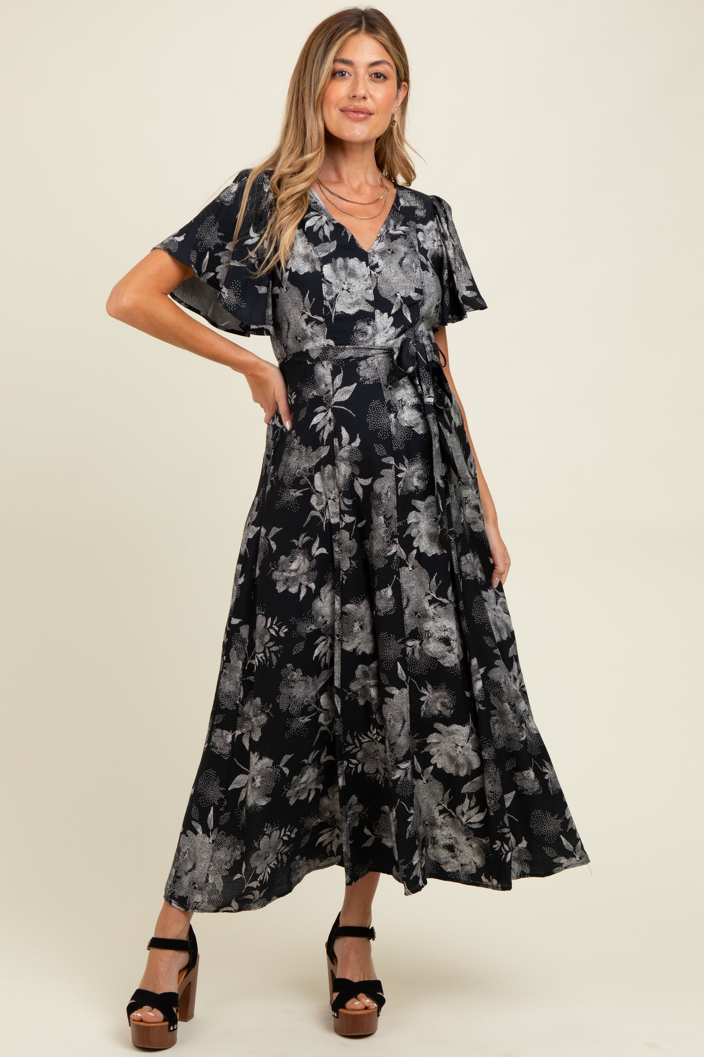 Black Multi Floral Flutter Sleeve Maternity Maxi Dress