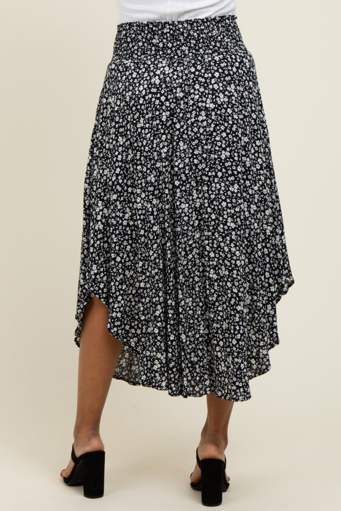 Black Floral Smocked Waist Round Hem Midi Skirt