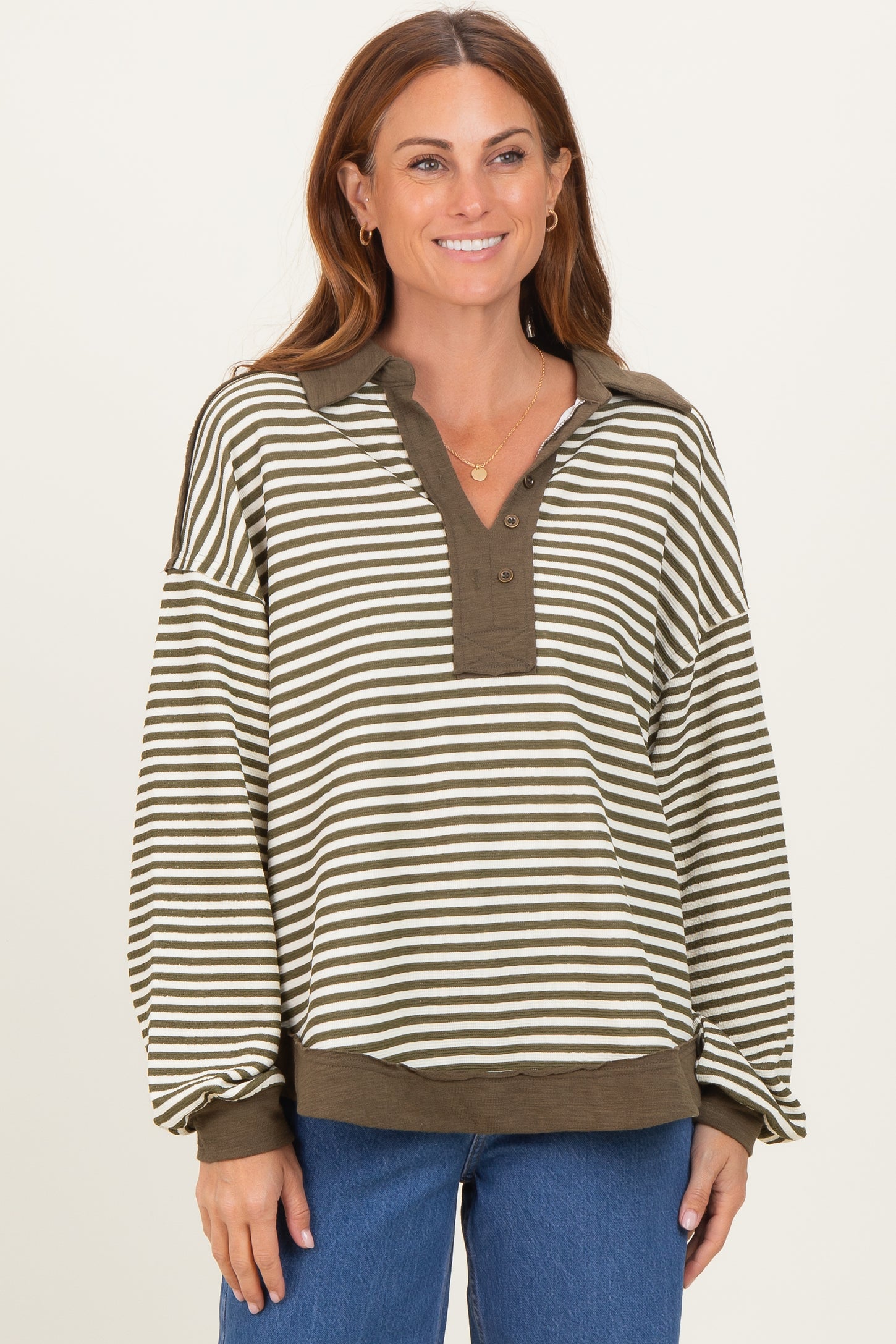 Olive Striped Oversized Collared Pullover Top
