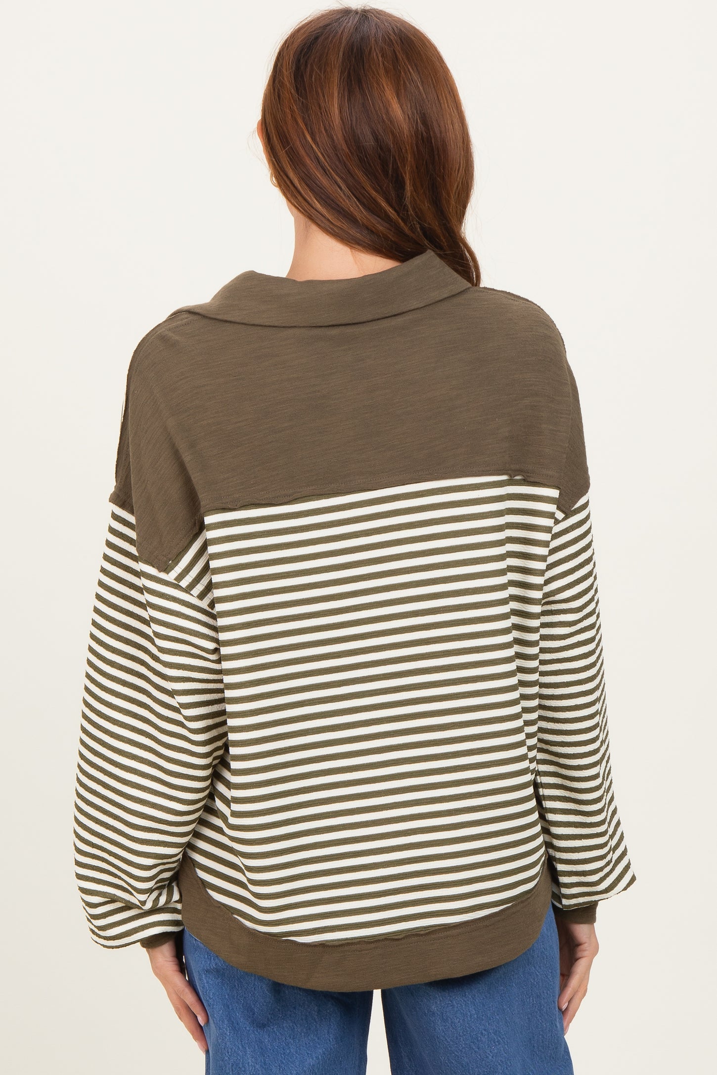 Olive Striped Oversized Collared Pullover Top