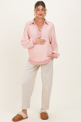 Mauve Striped Oversized Collared Pullover Maternity Top