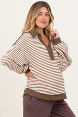Mocha Striped Oversized Collared Pullover Maternity Top