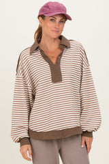 Mocha Striped Oversized Collared Pullover Top