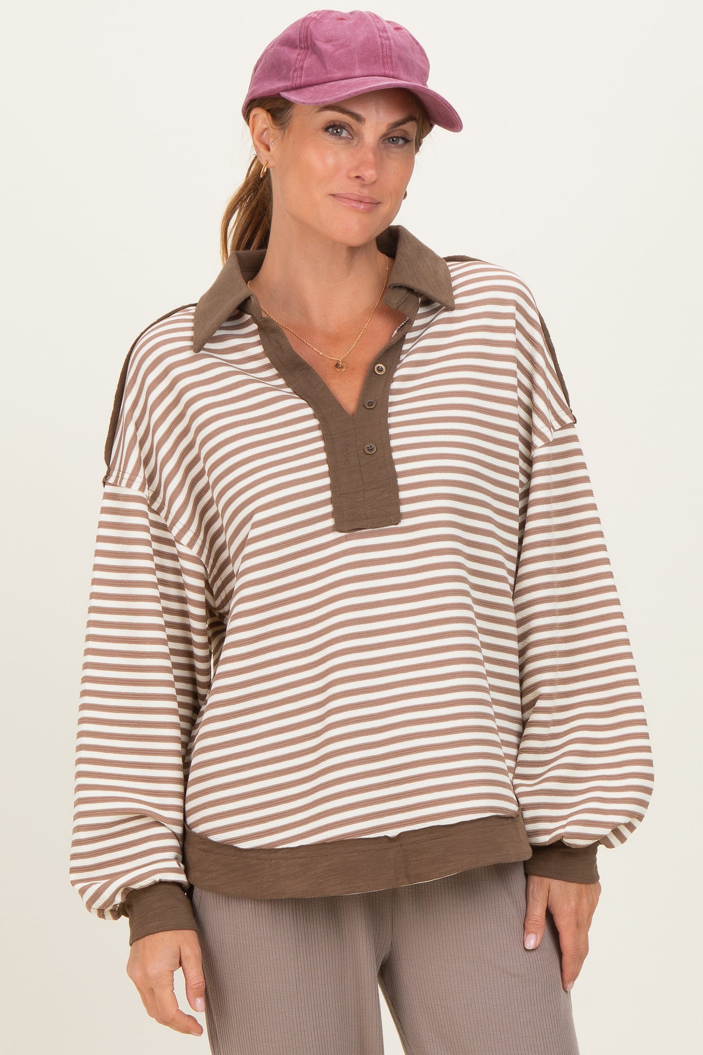 Mocha Striped Oversized Collared Pullover Maternity Top