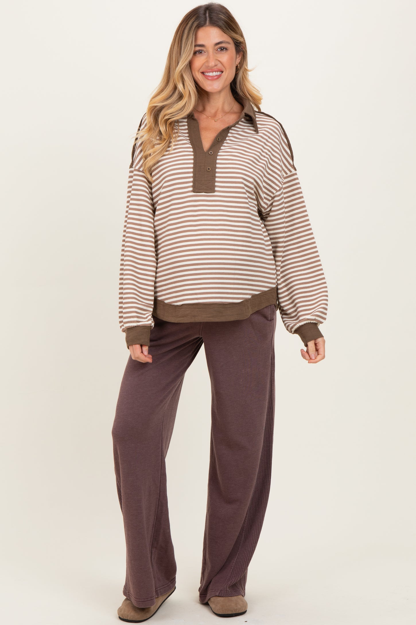 Mocha Striped Oversized Collared Pullover Maternity Top
