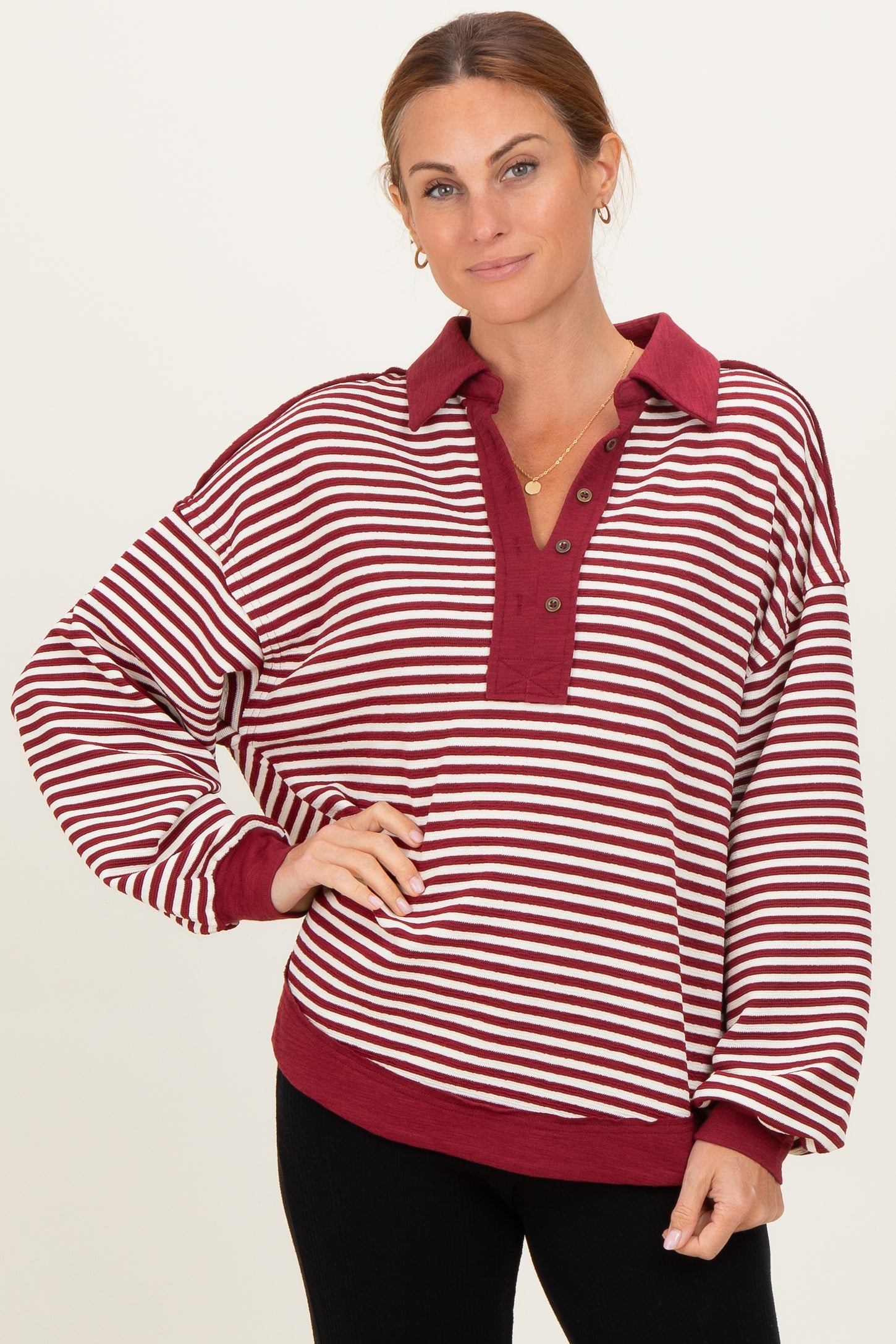 Burgundy Striped Oversized Collared Pullover Maternity Top
