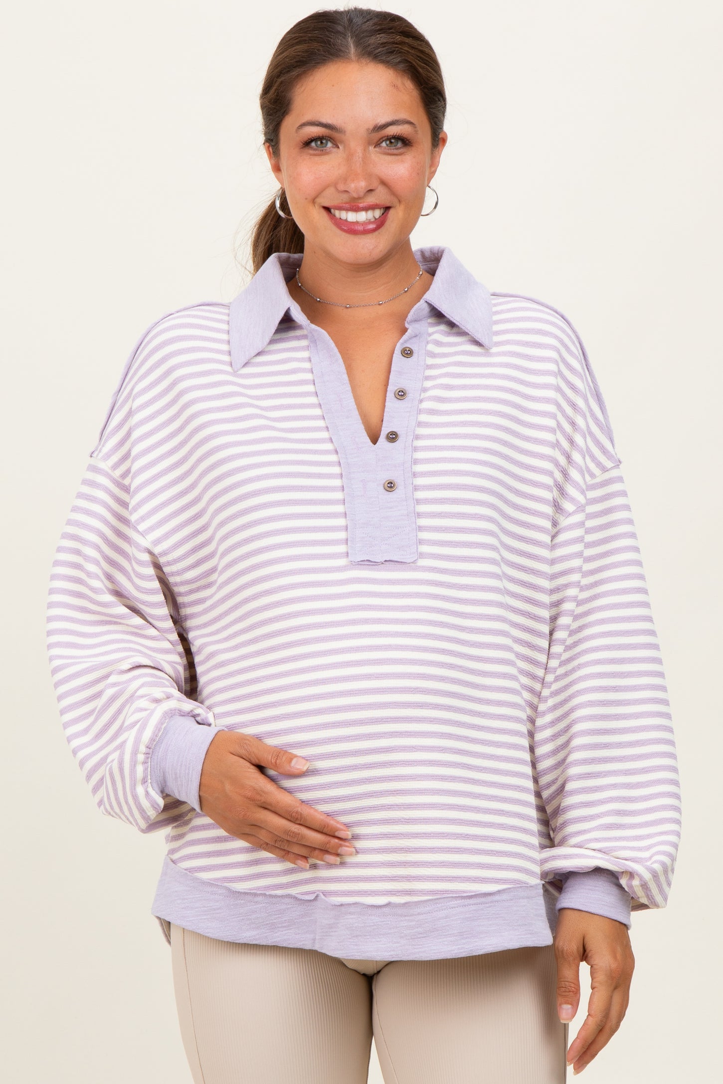 Lavender Striped Oversized Collared Pullover Maternity Top
