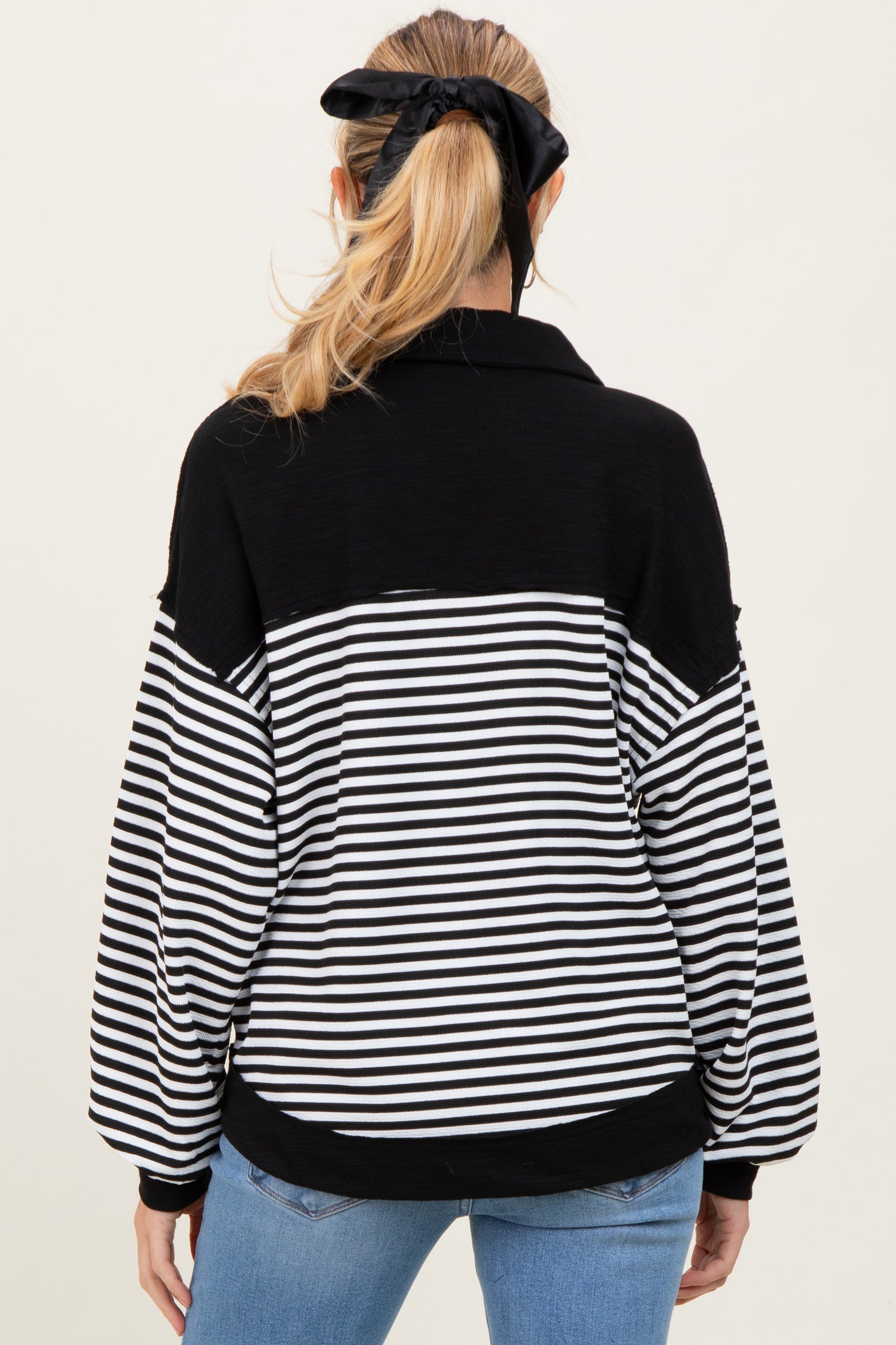 Black Striped Oversized Collared Pullover Maternity Top