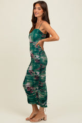 Forest Green Floral Mesh Ruched Sleeveless Midi Dress