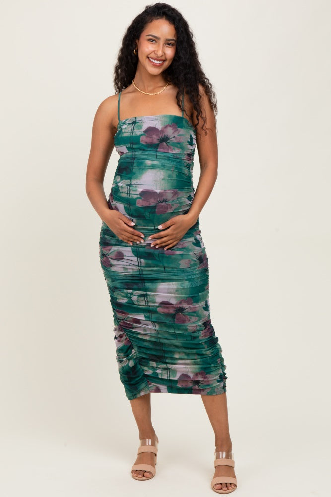Forest Green Floral Mesh Ruched Sleeveless Maternity Midi Dress