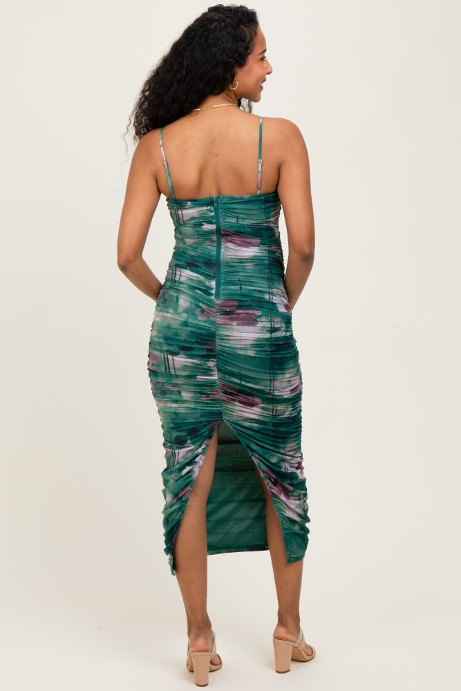 Forest Green Floral Mesh Ruched Sleeveless Maternity Midi Dress