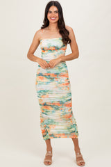 Green Watercolor Floral Mesh Ruched Sleeveless Dress