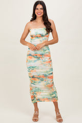 Green Watercolor Floral Mesh Ruched Sleeveless Dress
