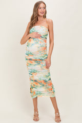 Green Watercolor Floral Mesh Ruched Sleeveless Maternity Dress