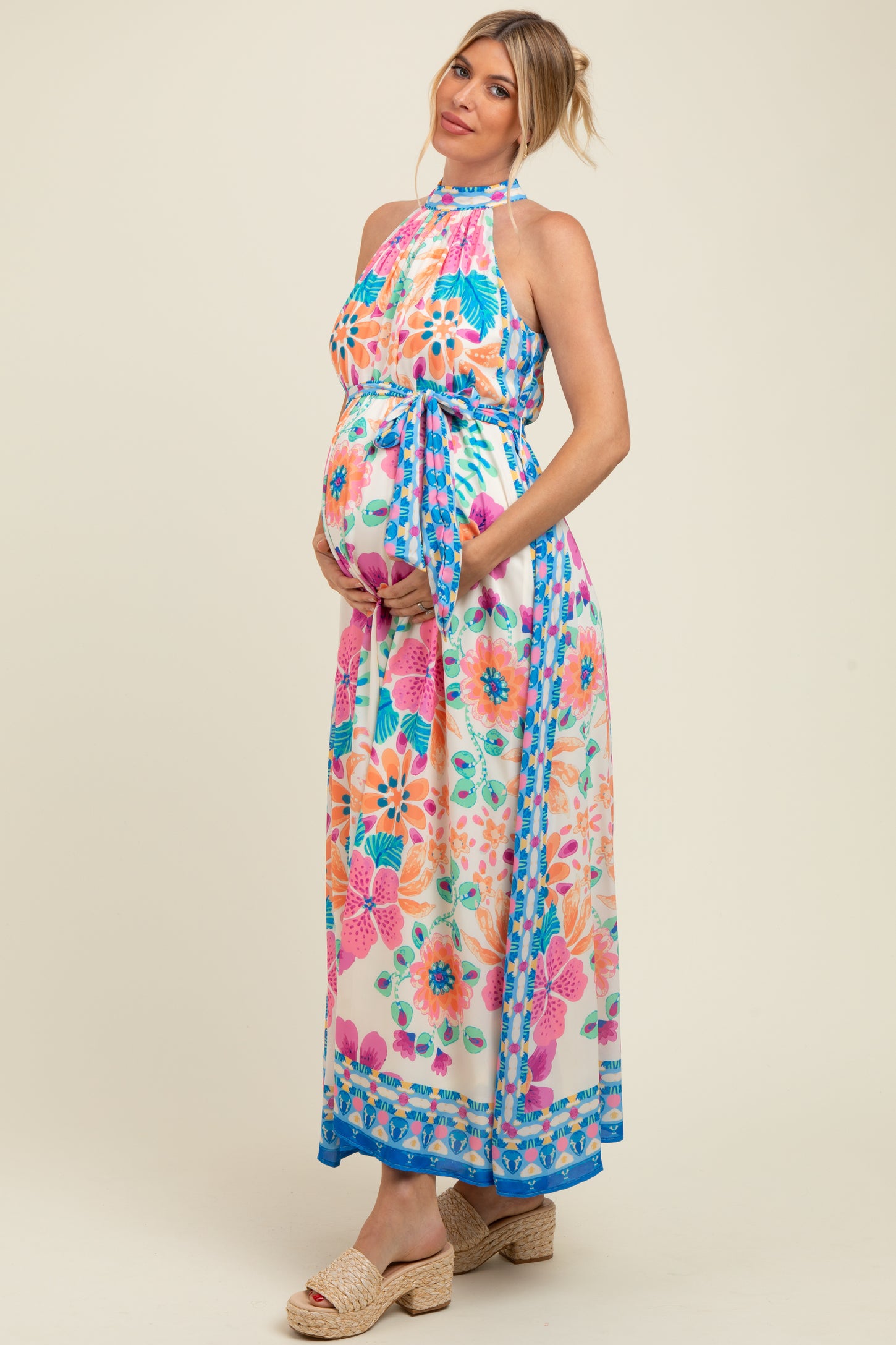 Pink Floral Border Print Halter Maternity Maxi Dress