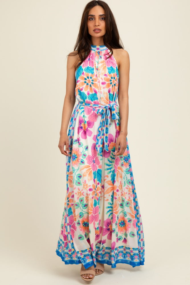 Pink Floral Border Print Halter Maxi Dress