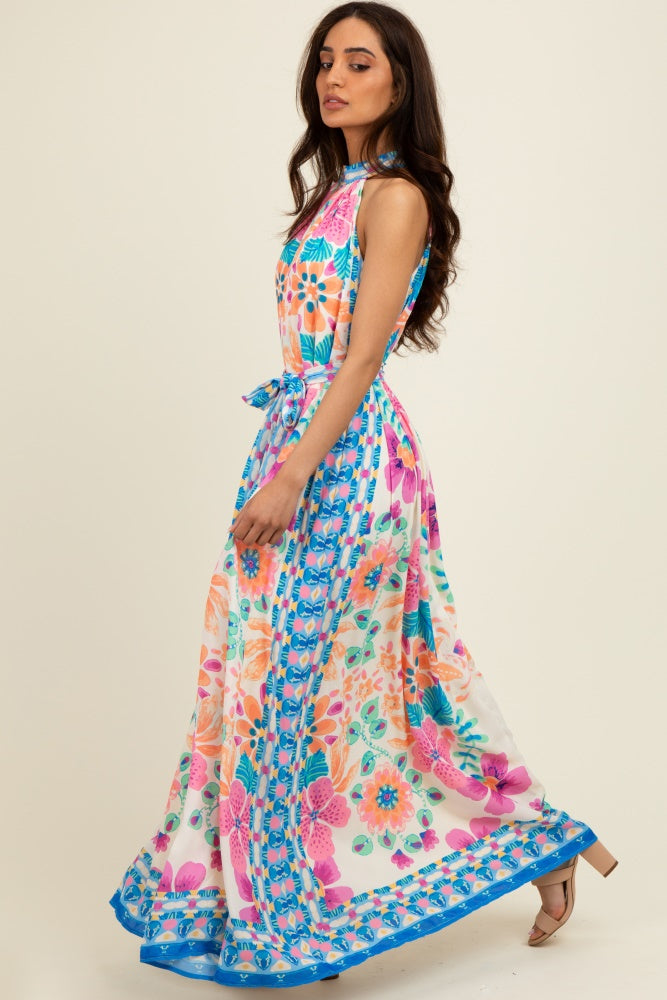 Pink Floral Border Print Halter Maxi Dress
