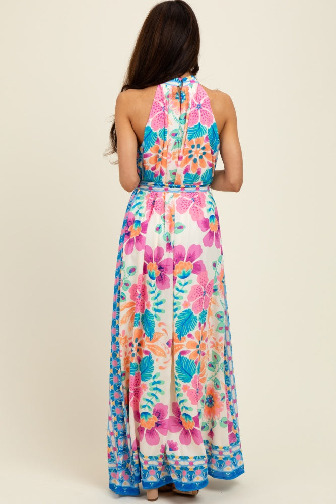 Pink Floral Border Print Halter Maxi Dress