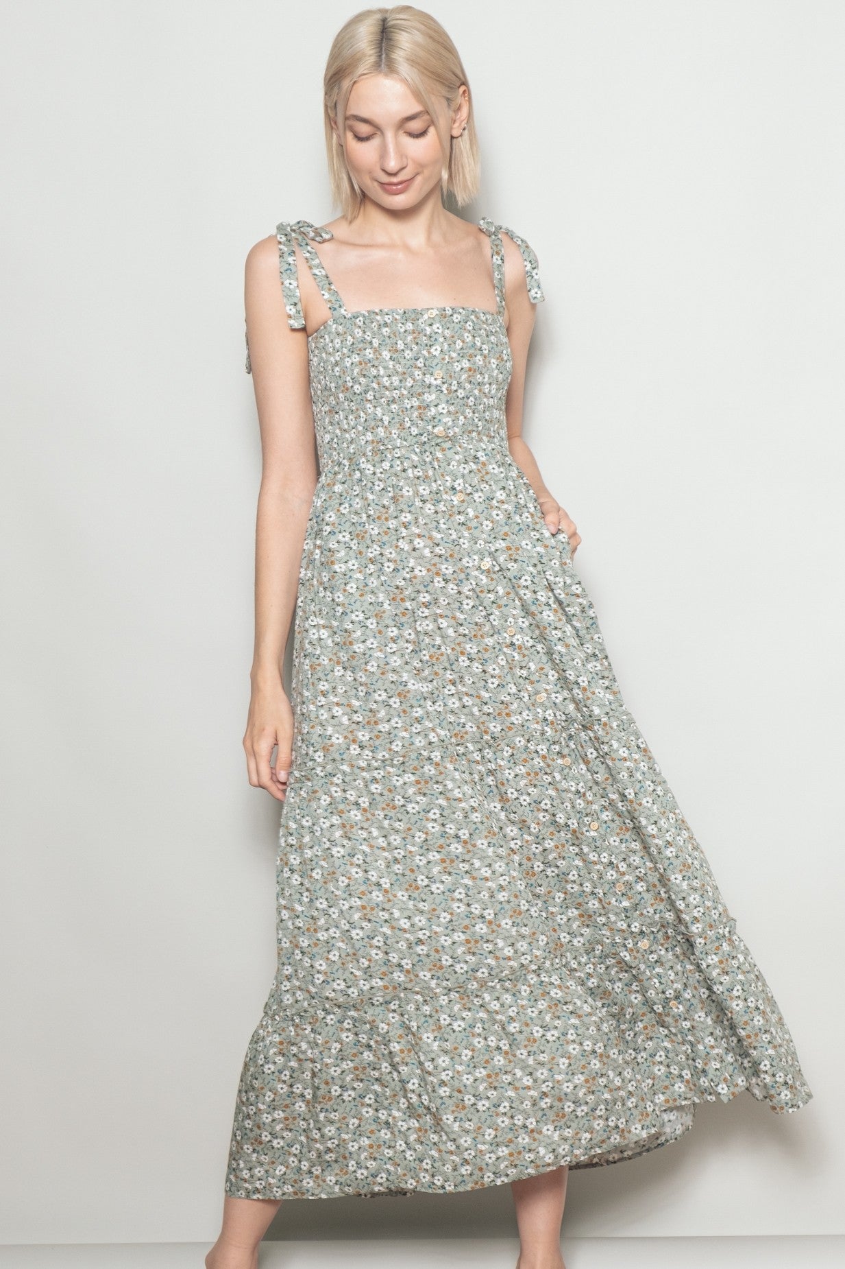 Light Olive Floral Button Down Shoulder Tie Maxi Dress