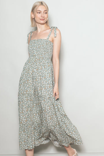 Light Olive Floral Button Down Shoulder Tie Maxi Dress