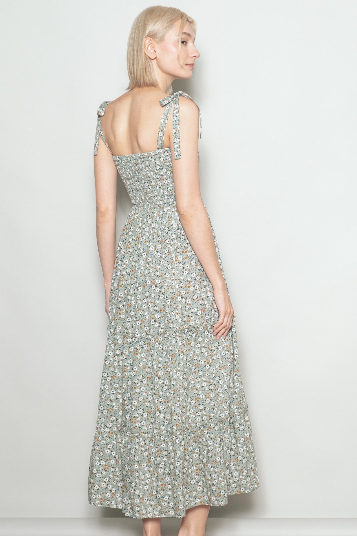 Light Olive Floral Button Down Shoulder Tie Maxi Dress