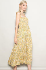 Yellow Floral Button Down Shoulder Tie Maxi Dress