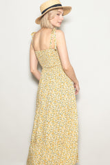 Yellow Floral Button Down Shoulder Tie Maxi Dress
