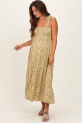 Yellow Floral Button Down Shoulder Tie Maternity Maxi Dress