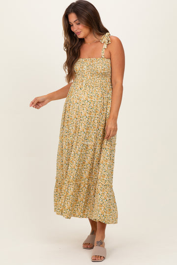 Yellow Floral Button Down Shoulder Tie Maternity Maxi Dress