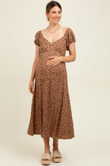 Camel Animal Print Button Accent Maternity Midi Dress