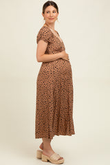 Camel Animal Print Button Accent Maternity Midi Dress