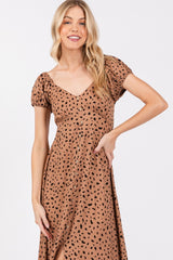 Camel Animal Print Button Accent Midi Dress