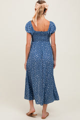 Blue Printed Button Accent Puff Sleeve Maternity Midi Dress