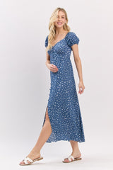 Blue Printed Button Accent Puff Sleeve Maternity Midi Dress