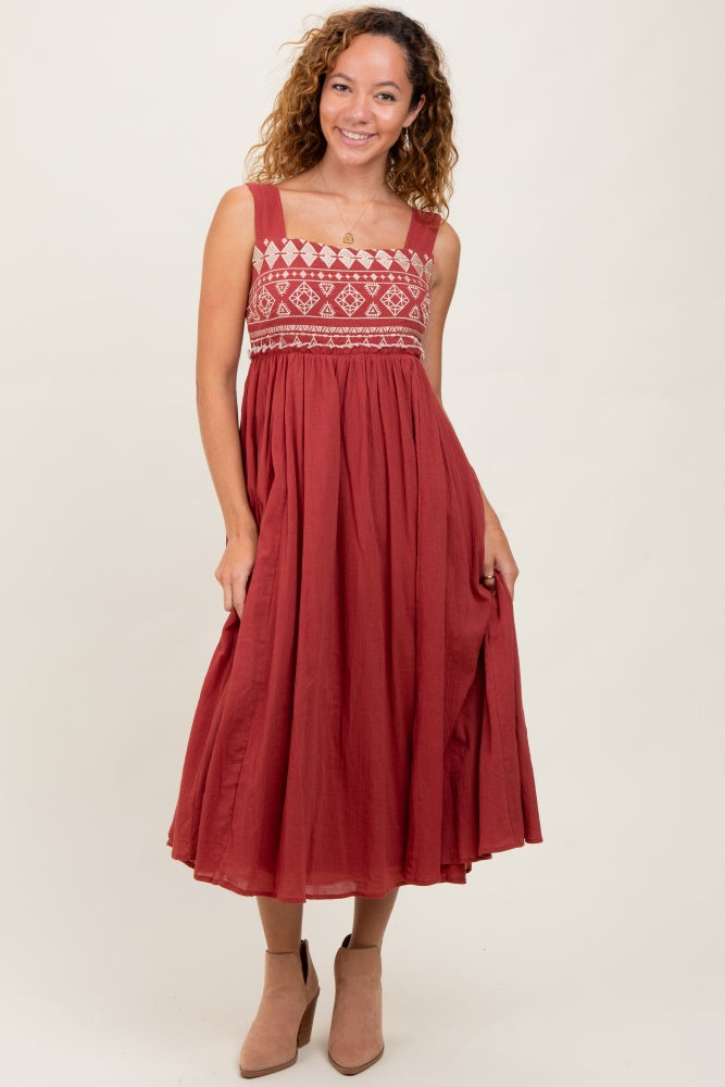 Rust Embroidered Sleeveless Midi Dress