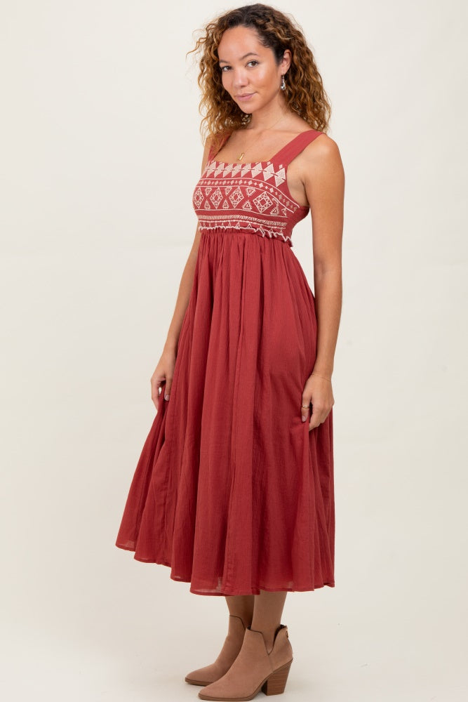 Rust Embroidered Sleeveless Midi Dress