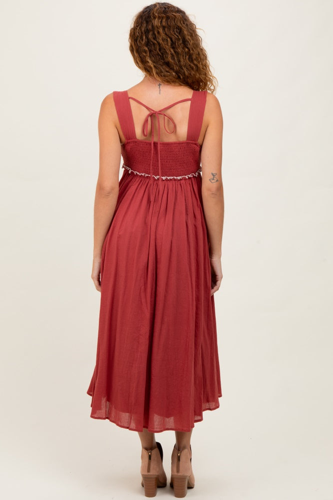 Rust Embroidered Sleeveless Midi Dress