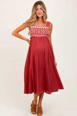 Rust Embroidered Sleeveless Maternity Midi Dress